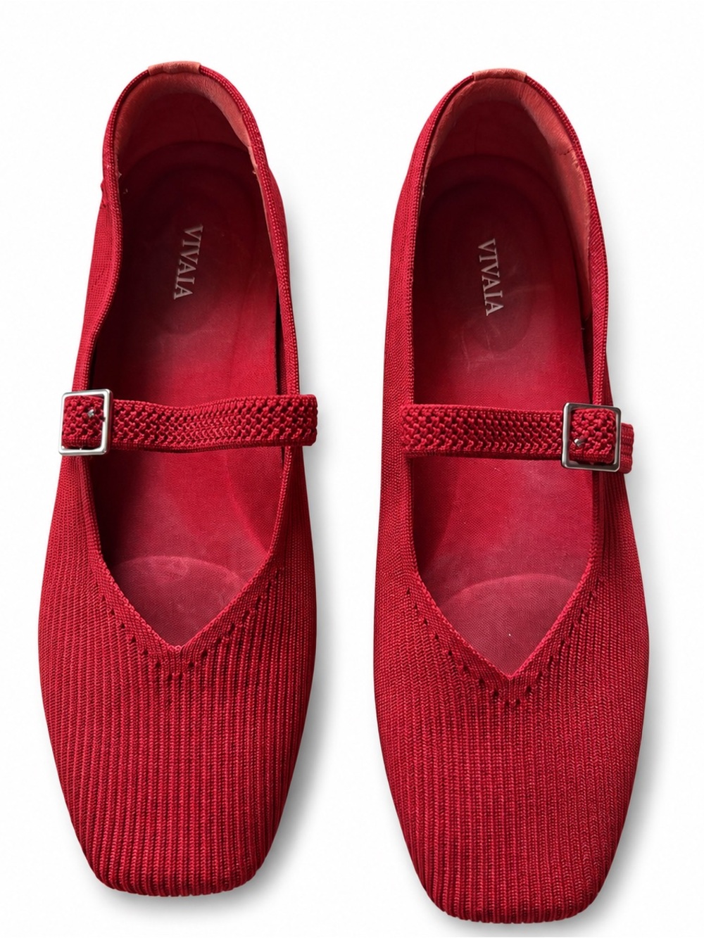 VIVAIA Red Knit Mary Jane Flats with Braided Buckle